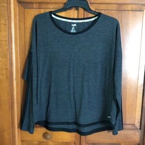 Charcoal gray/black Avia workout top.